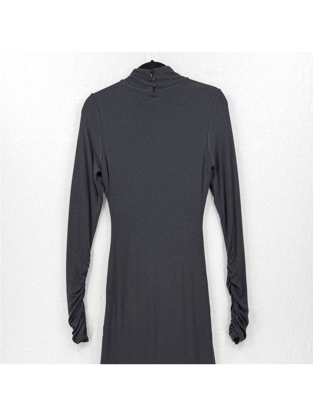 SER.O.YA Fina Tea Length Dress Large Charcoal Grey Ruched Mock Neck Long Sleeve - Picture 7 of 16